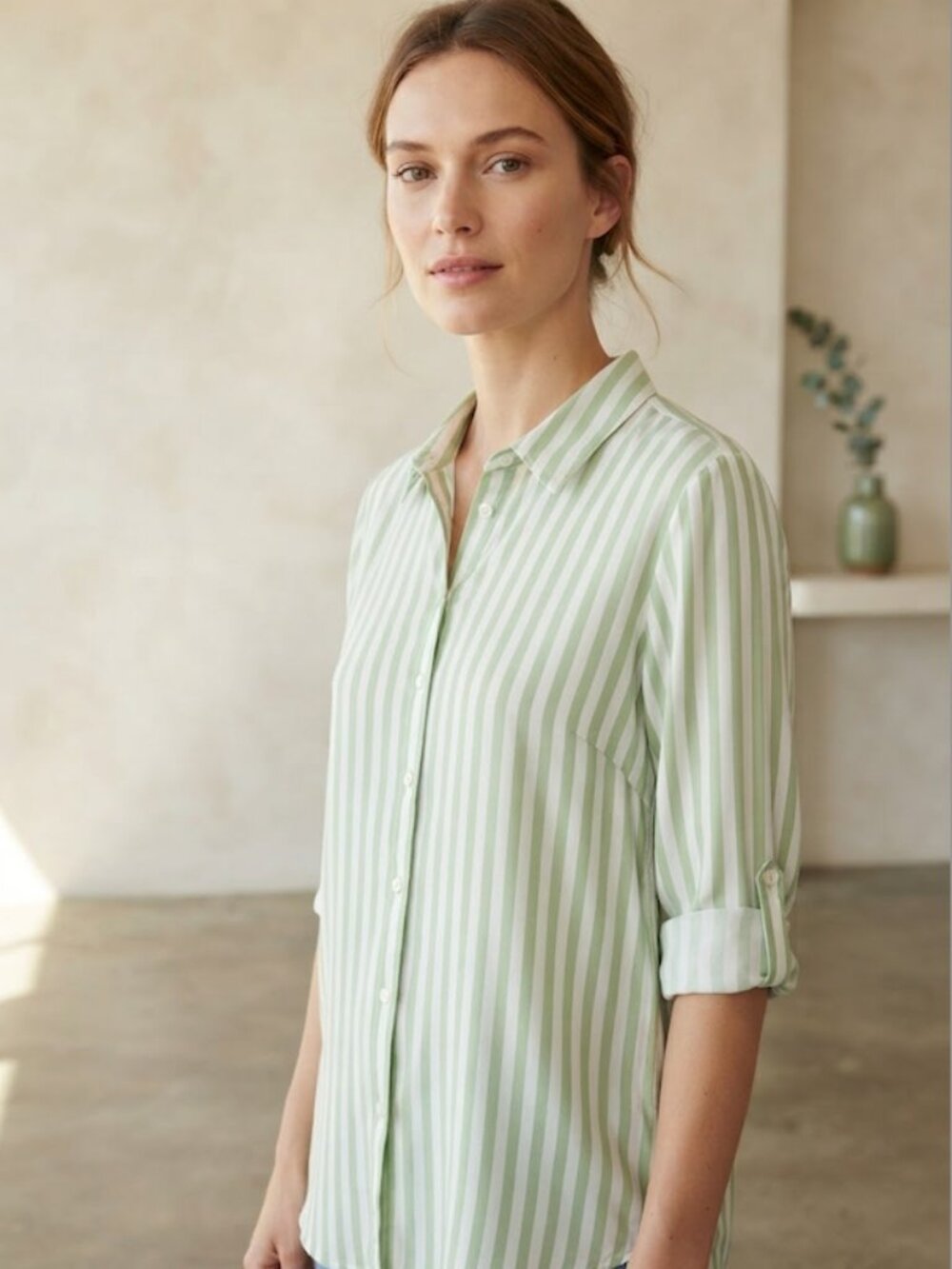Jane + Delancey Button Down Tunic Shirt Striped Green Large
